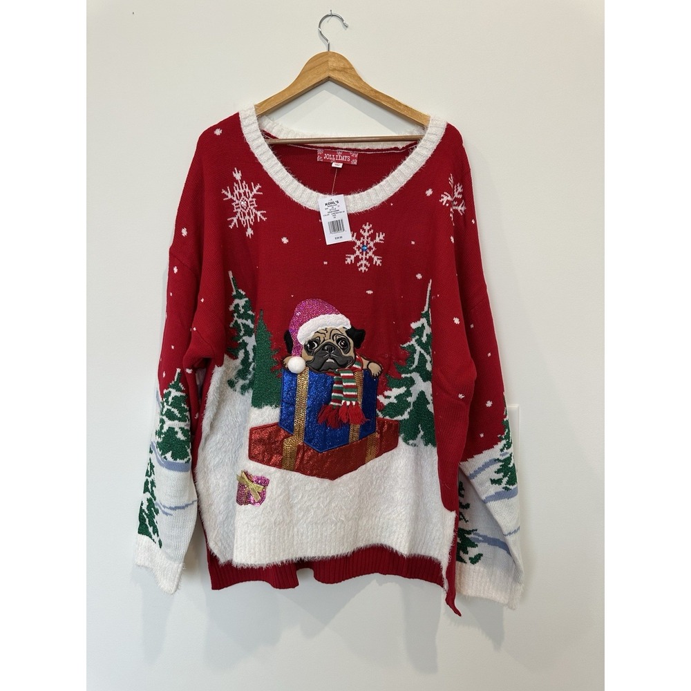 Women's Plus Jollidays 3D Holiday Long Sleeve Sequins Sweater Red Pug Size 4X